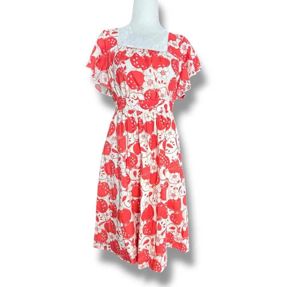 ModCloth Red Apple Print Flutter Sleeve Square Neck Cotton Midi Dress Small